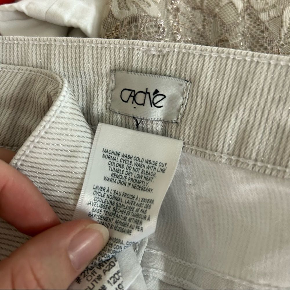 Cache Cream Skinny Jean Pants Shimmery Metallic Pinstripes 10 Made in USA Preppy - Picture 12 of 13